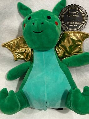 NEW FAO Schwarz Flint Dragon Plush LED Lights & Sound Green w/Gold Wings Retired